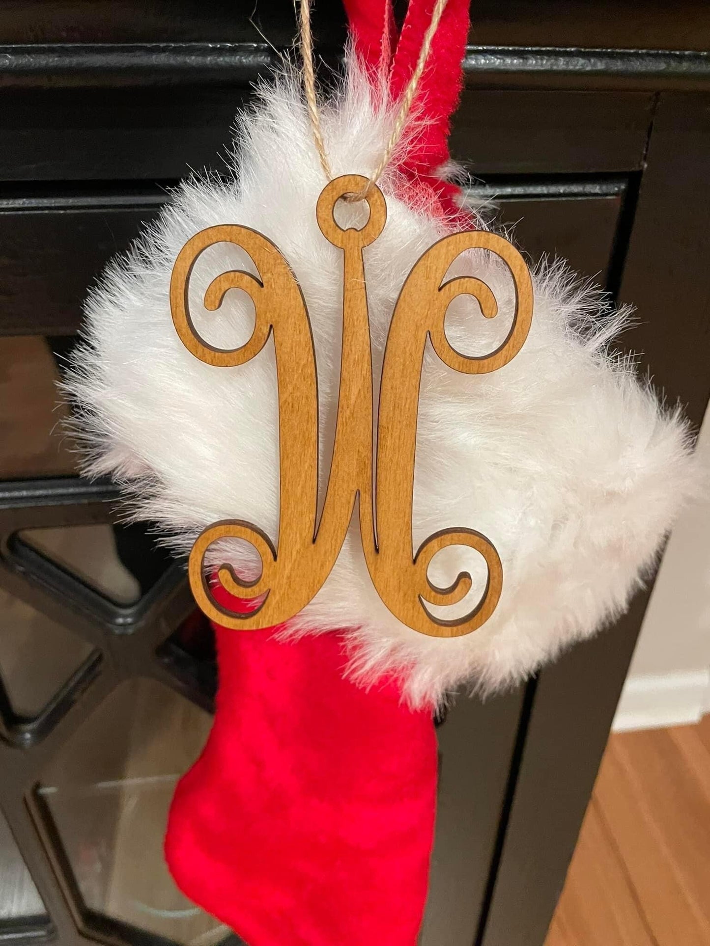 Stocking tag, single letter, monogram letter, rear view mirror letter