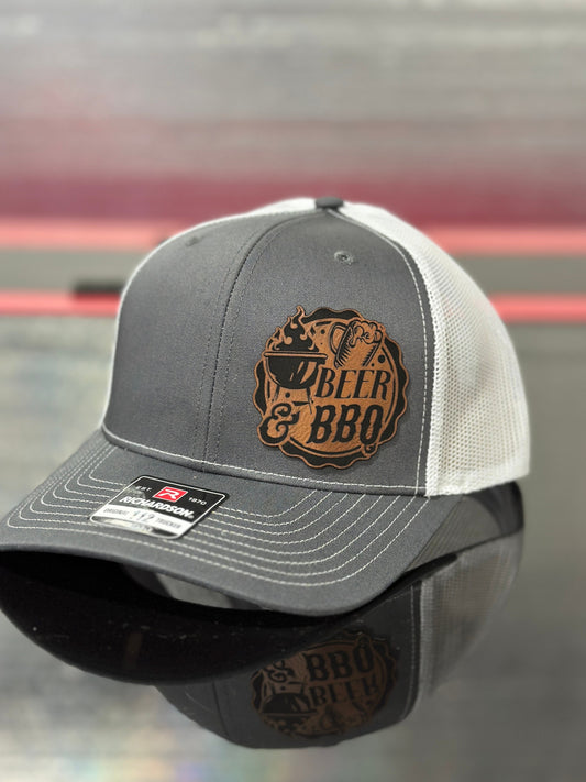Beer and bbq, grilling hat, smoker hat, leatherette patch hat