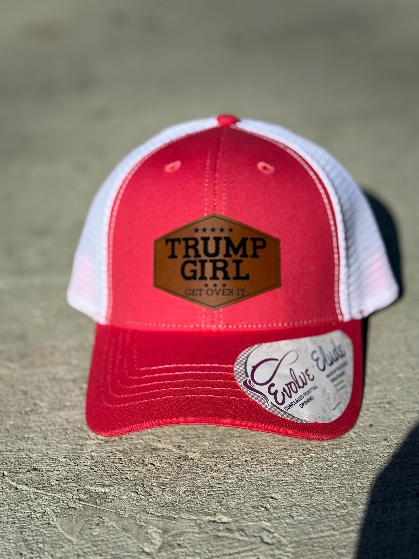 Trump girl, get over it, Leatherette patch hat, ponytail hat,