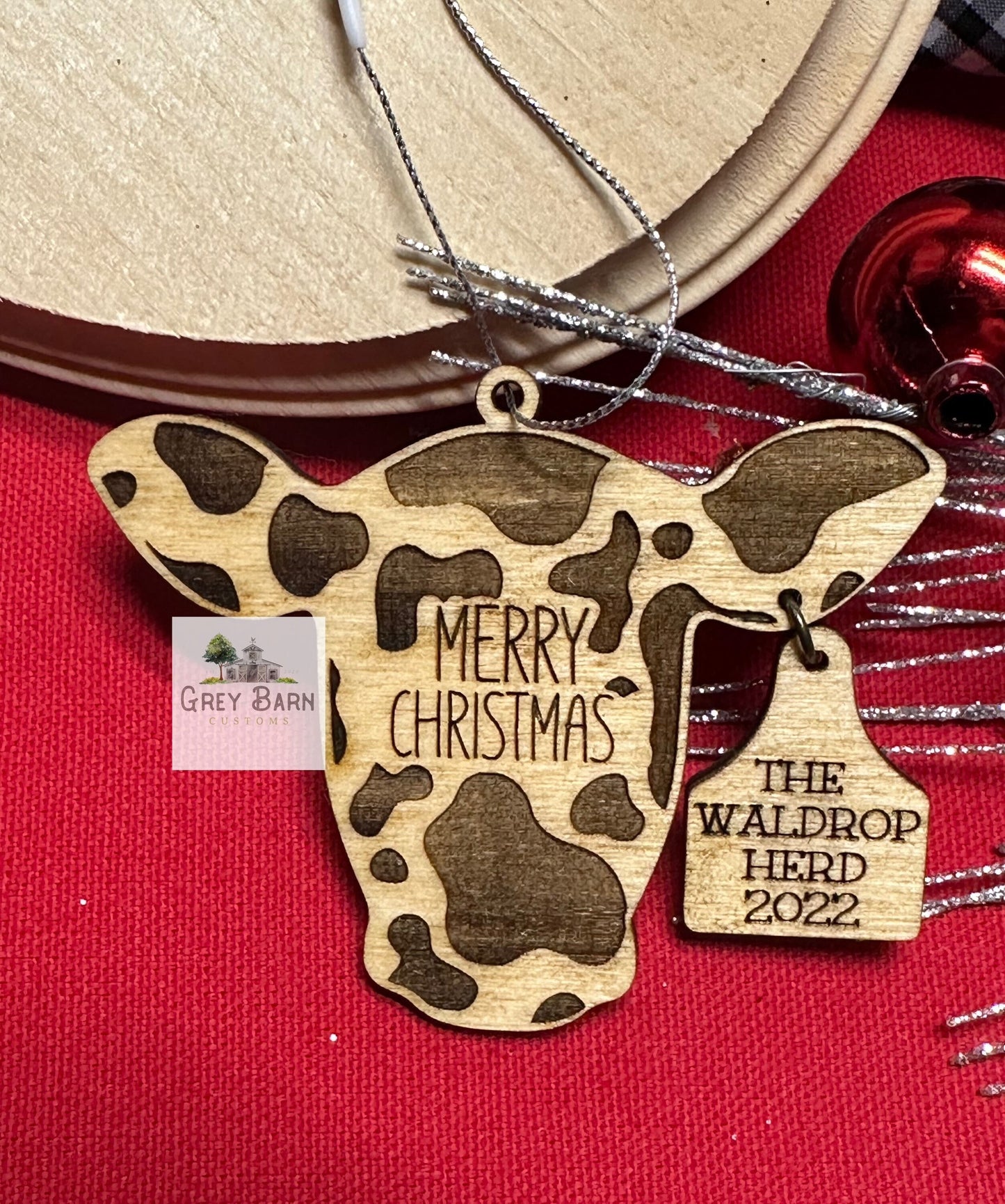 Cow Personalized Christmas Ornament, Country Rustic Christmas, Personalized Name and Year Ornament, Car charm