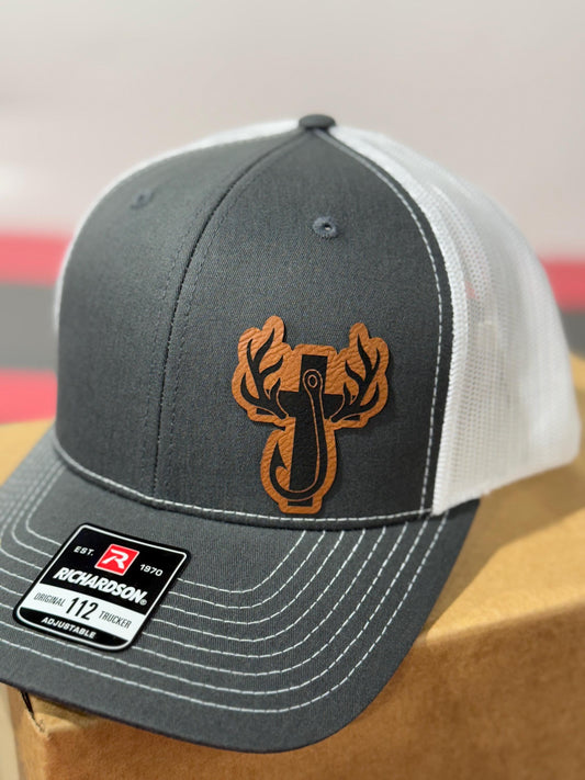 Hunting, fishing, cross, antlers, fishing hook, leatherette patch hat,