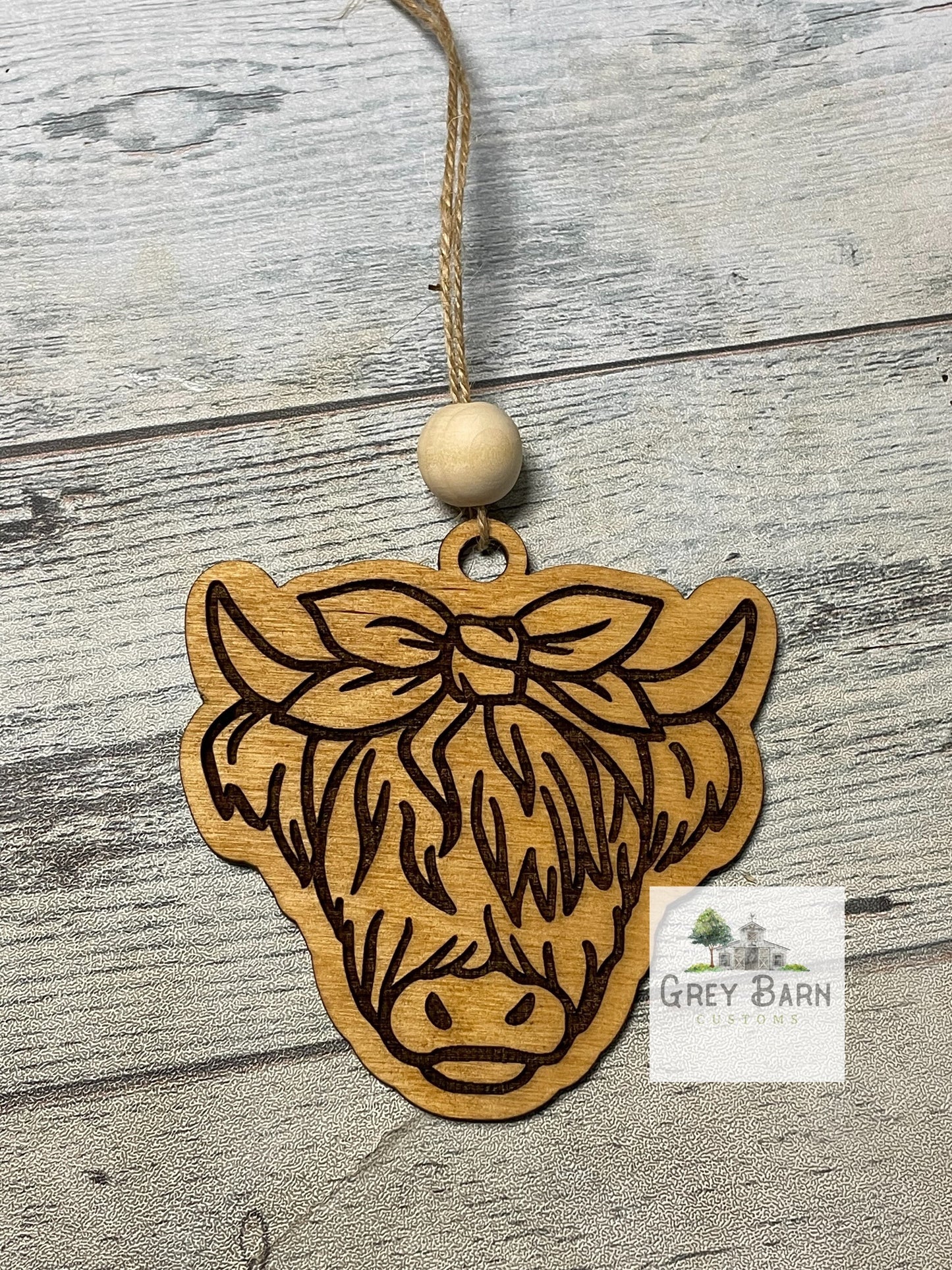 Highland cow car charm, rear view mirror charm, High land cow, tag, cow with bow