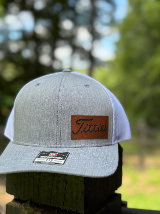 Golf hat, leatherette patch hat, Titties, looks like titleist, funny