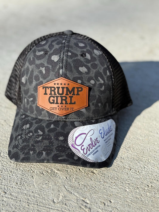 Trump girl, get over it, Leatherette patch hat, ponytail hat,