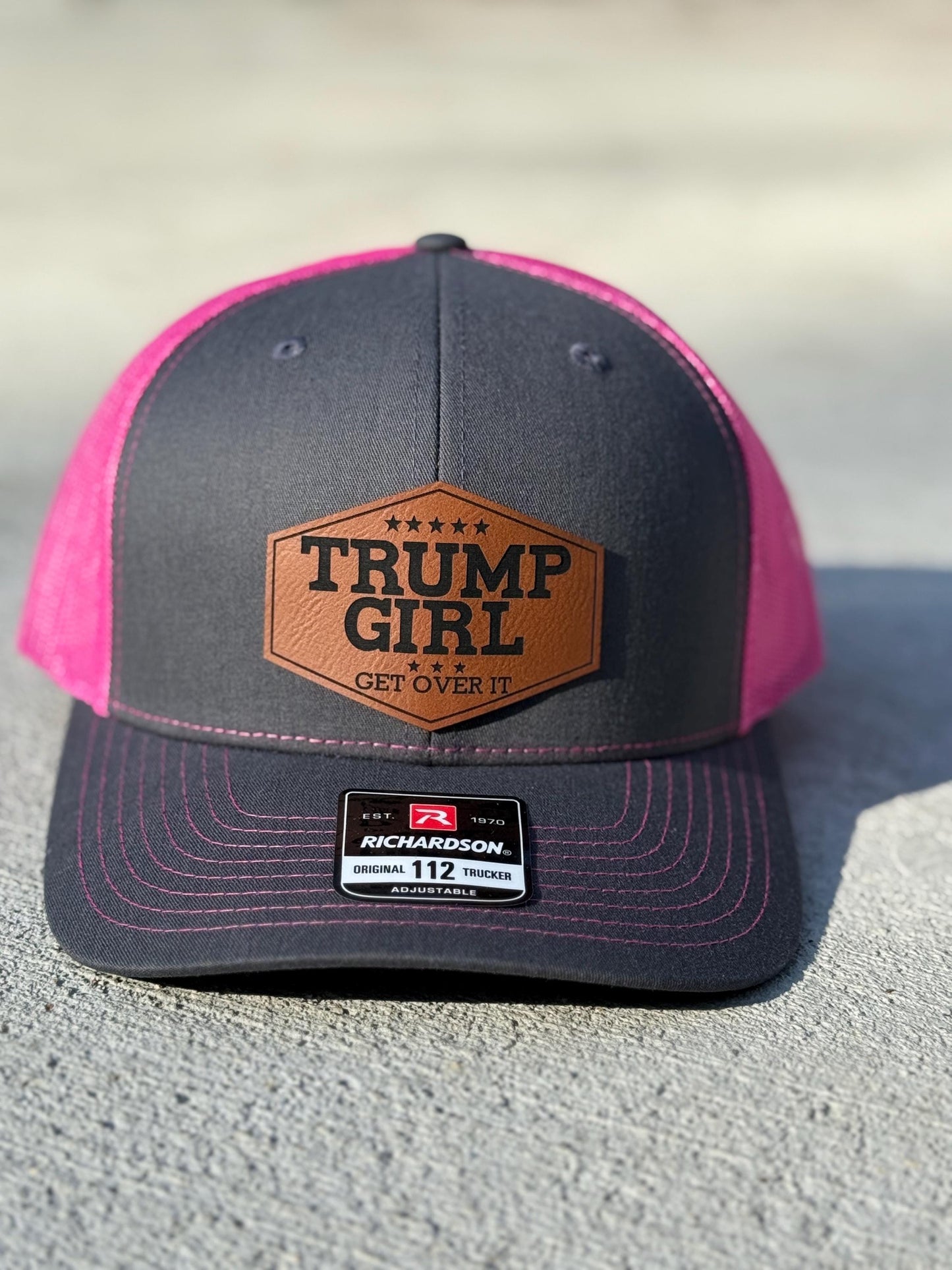 Trump girl, get over it, Leatherette patch hat, ponytail hat,