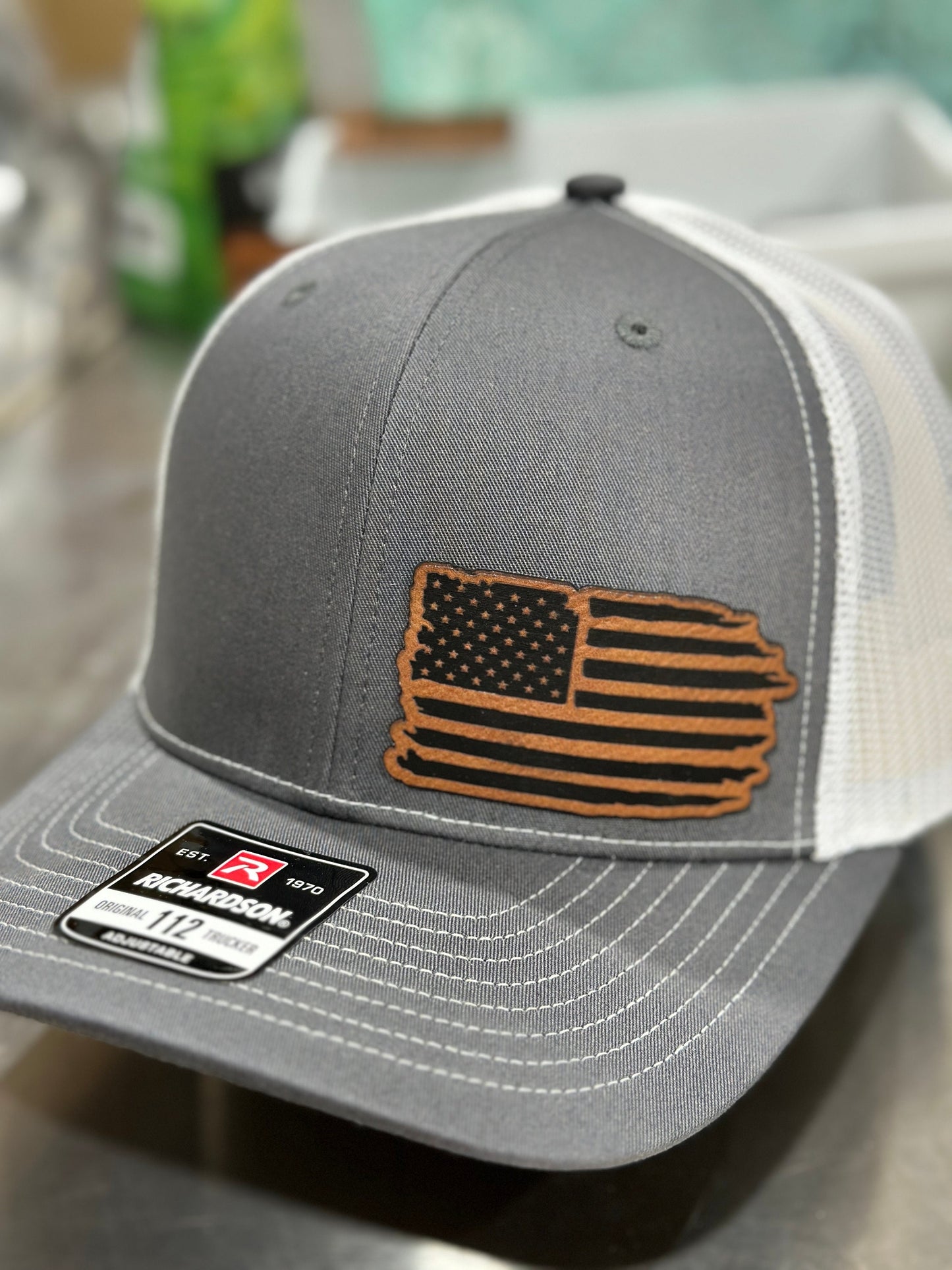 American flag , distressed leatherette patch hat