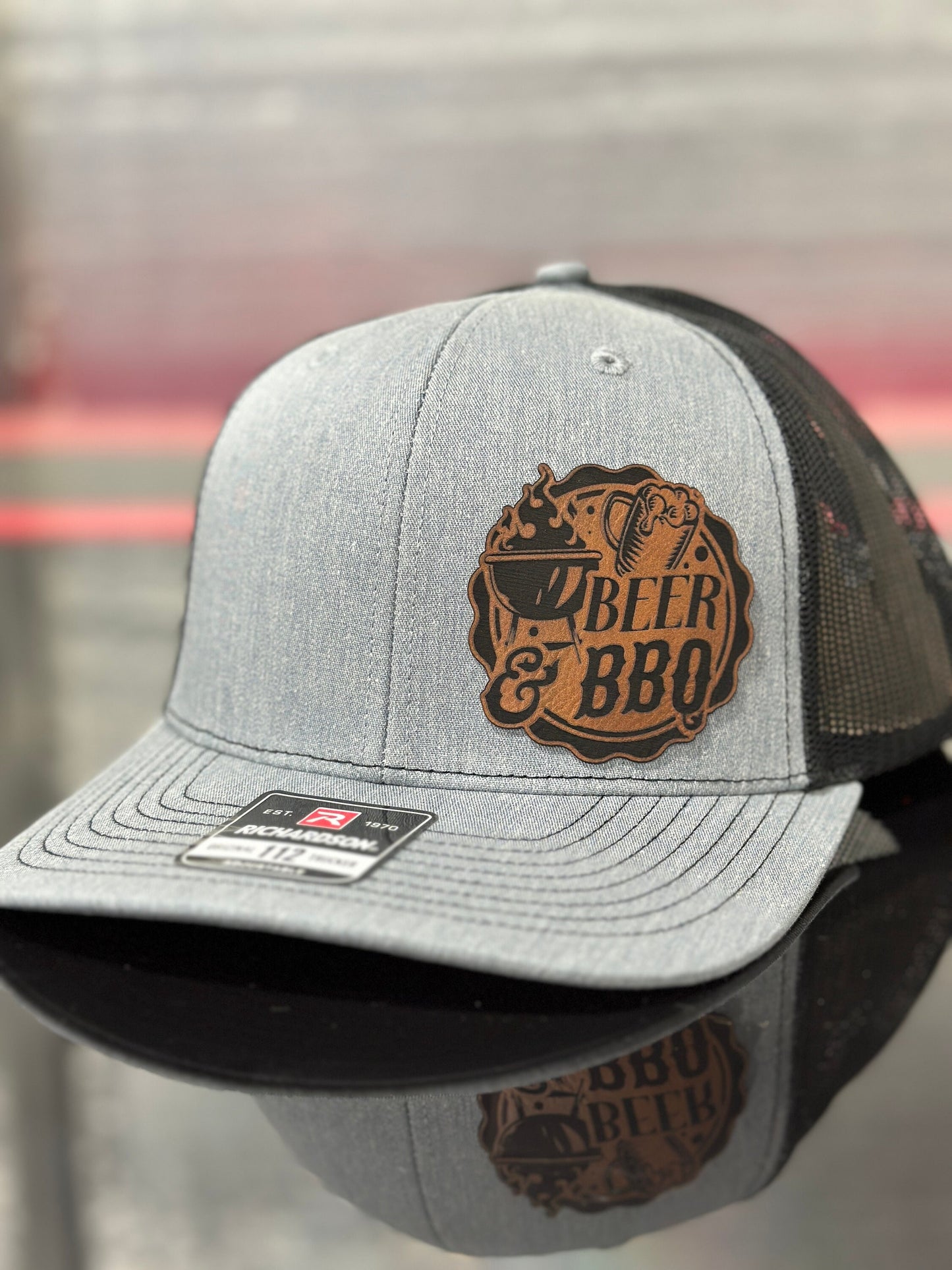 Beer and bbq, grilling hat, smoker hat, leatherette patch hat