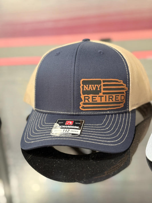 Retired, leatherette patch hat, American, Richardson 112, Army, Navy, USMC, USAF, Coast Guard
