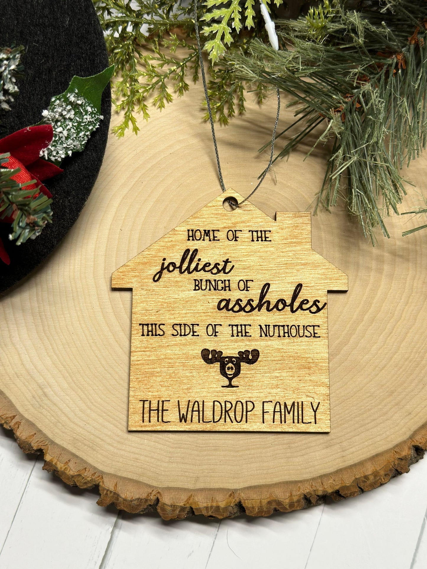Funny Personalized Family Name Christmas Ornament: Baltic Birch