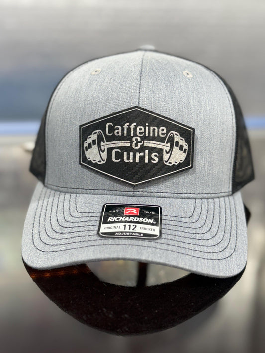 Caffeine & Curls Hat: Laser Engraved Leatherette Patch - Gym Workout