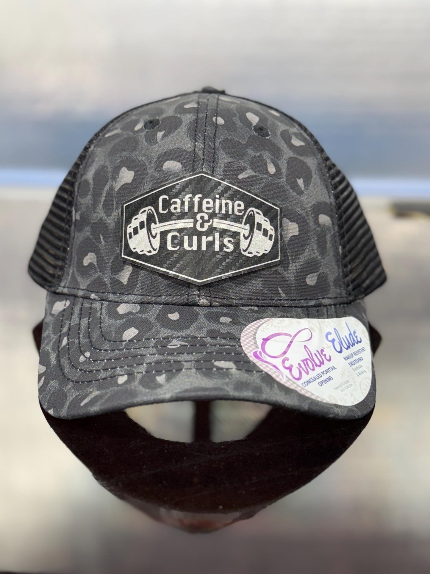 Caffeine & Curls Hat: Laser Engraved Leatherette Patch - Gym Workout
