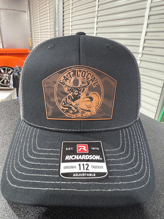 Eat Local hat, deer turkey fish, linen camo patch, Richardson 112 hat