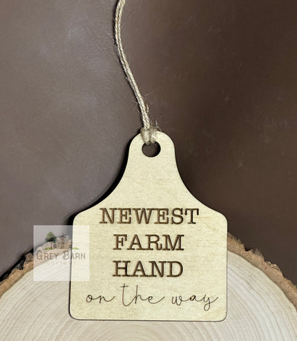 Pregnancy announcement, ornament, gift tag, baby shower, Cow tag, 2023, baby gift, Grandparent Announcement, Newest Farm Hand, Farm baby