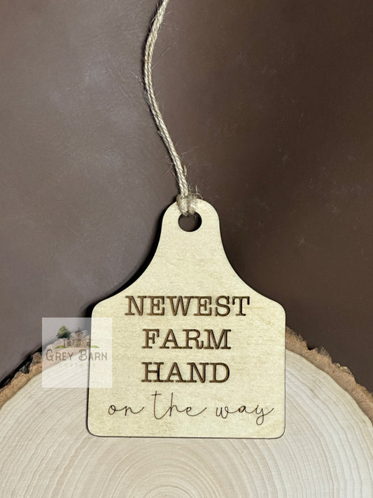 Pregnancy announcement, ornament, gift tag, baby shower, Cow tag, 2023, baby gift, Grandparent Announcement, Newest Farm Hand, Farm baby