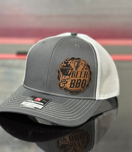 Beer and bbq, grilling hat, smoker hat, leatherette patch hat