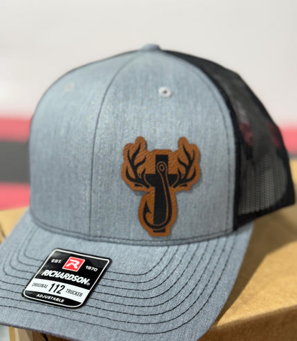 Hunting, fishing, cross, antlers, fishing hook, leatherette patch hat,
