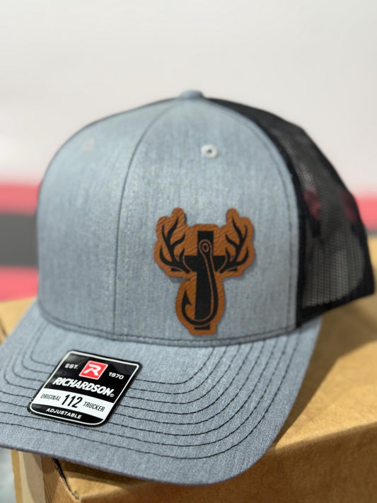 Hunting, fishing, cross, antlers, fishing hook, leatherette patch hat,