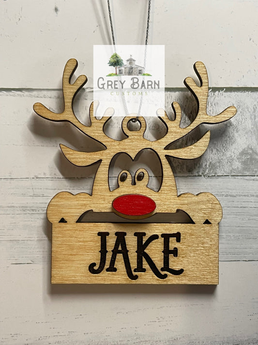 Reindeer Name Ornament, Reindeer, Personalized Ornament, Red nose, Childs ornament, gift tag, Christmas ornament