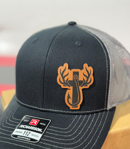 Hunting, fishing, cross, antlers, fishing hook, leatherette patch hat,
