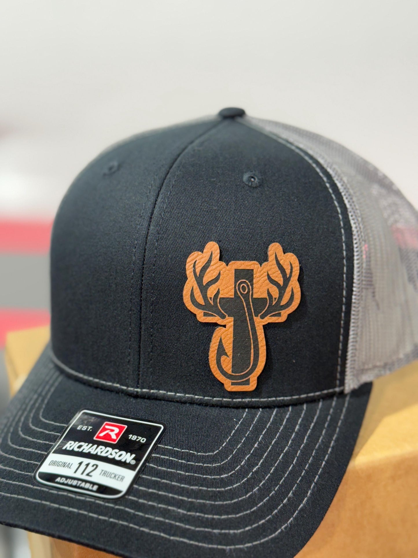 Hunting, fishing, cross, antlers, fishing hook, leatherette patch hat,
