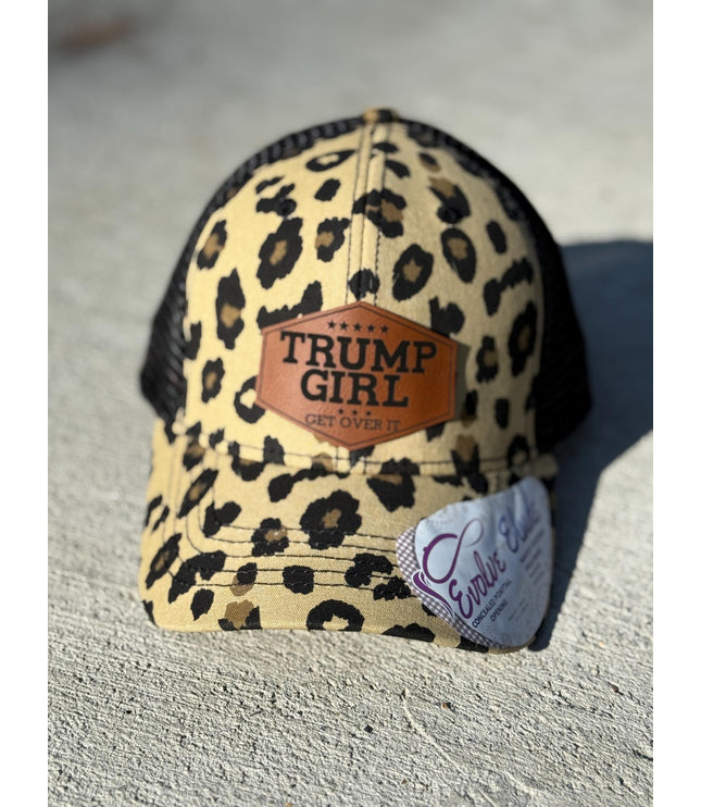 Trump girl, get over it, Leatherette patch hat, ponytail hat,