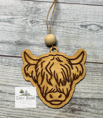Highland cow car charm, rear view mirror charm, High land cow, tag, cow with bow