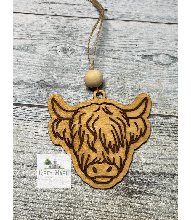 Highland cow car charm, rear view mirror charm, High land cow, tag, cow with bow