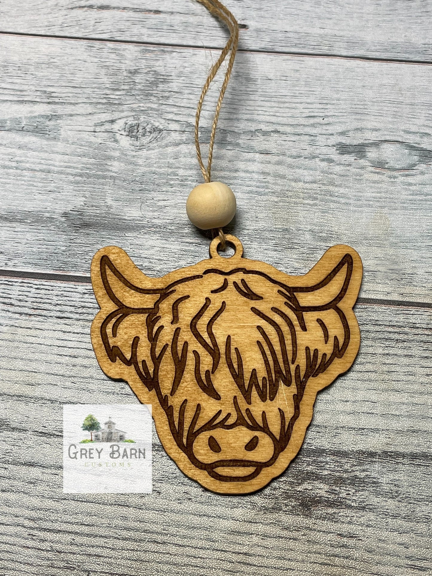 Highland cow car charm, rear view mirror charm, High land cow, tag, cow with bow