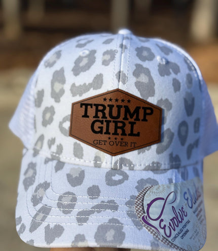 Trump girl, get over it, Leatherette patch hat, ponytail hat,