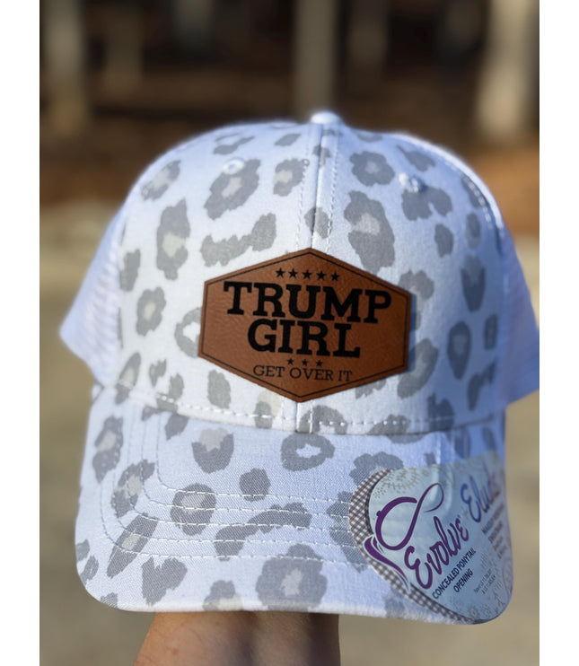 Trump girl, get over it, Leatherette patch hat, ponytail hat,