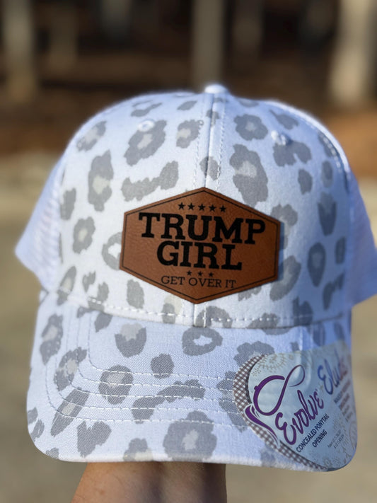 Trump girl, get over it, Leatherette patch hat, ponytail hat,