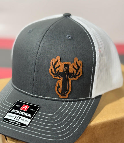 Hunting, fishing, cross, antlers, fishing hook, leatherette patch hat,