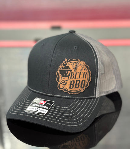 Beer and bbq, grilling hat, smoker hat, leatherette patch hat