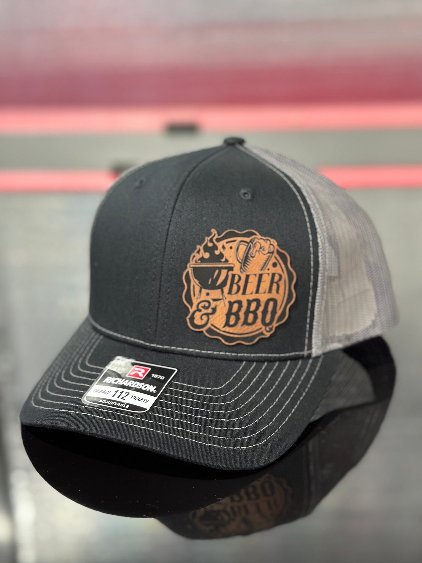 Beer and bbq, grilling hat, smoker hat, leatherette patch hat