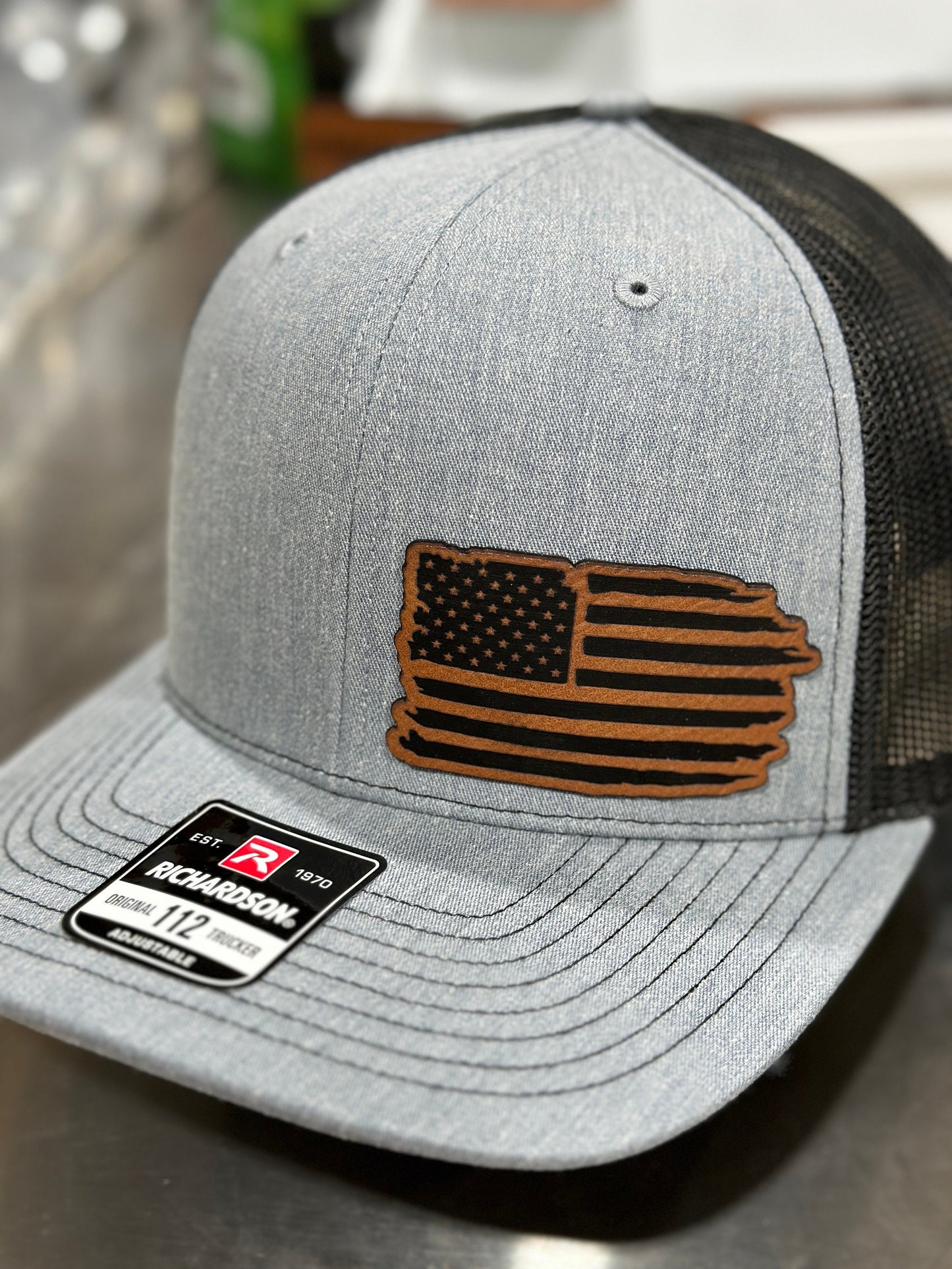 American flag , distressed leatherette patch hat