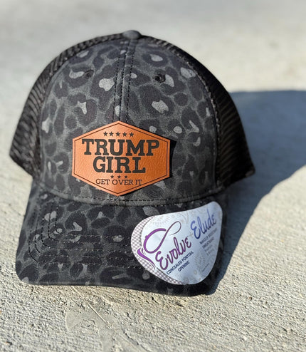 Trump girl, get over it, Leatherette patch hat, ponytail hat,