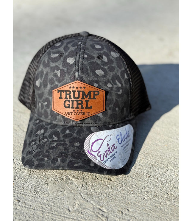 Trump girl, get over it, Leatherette patch hat, ponytail hat,