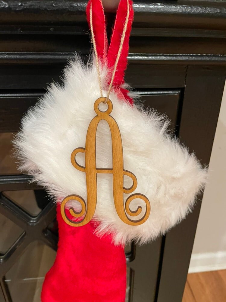 Stocking tag, single letter, monogram letter, rear view mirror letter