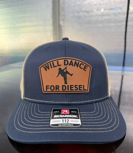 Will Dance For Diesel Trucker Hat, Funny Leather Patch Hat, Richardson 112 Snapback, Gift for Trucker, Diesel Truck Humor Cap