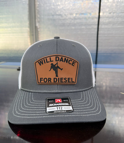 Will Dance For Diesel Trucker Hat, Funny Leather Patch Hat, Richardson 112 Snapback, Gift for Trucker, Diesel Truck Humor Cap