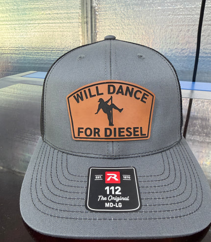 Will Dance For Diesel Trucker Hat, Funny Leather Patch Hat, Richardson 112 Snapback, Gift for Trucker, Diesel Truck Humor Cap