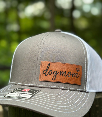 Dog Mom, leatherette patch hat, laser engraved hat patch