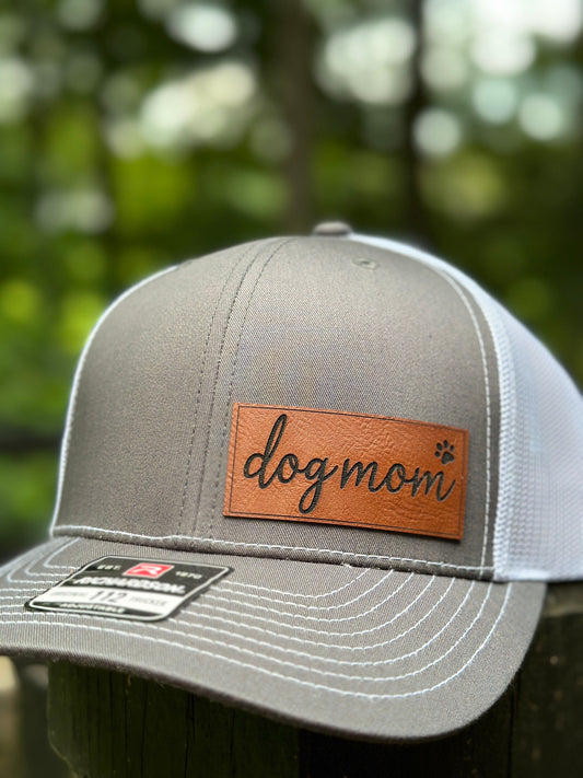 Dog Mom, leatherette patch hat, laser engraved hat patch