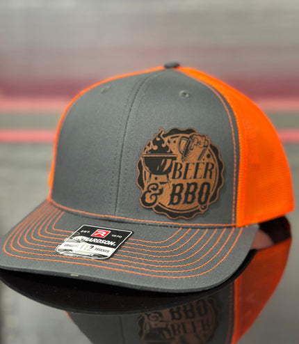 Beer and bbq, grilling hat, smoker hat, leatherette patch hat