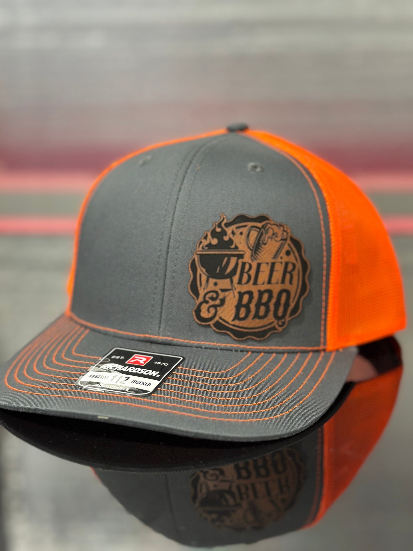 Beer and bbq, grilling hat, smoker hat, leatherette patch hat