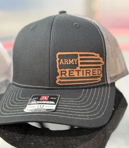 Retired, leatherette patch hat, American, Richardson 112, Army, Navy, USMC, USAF, Coast Guard