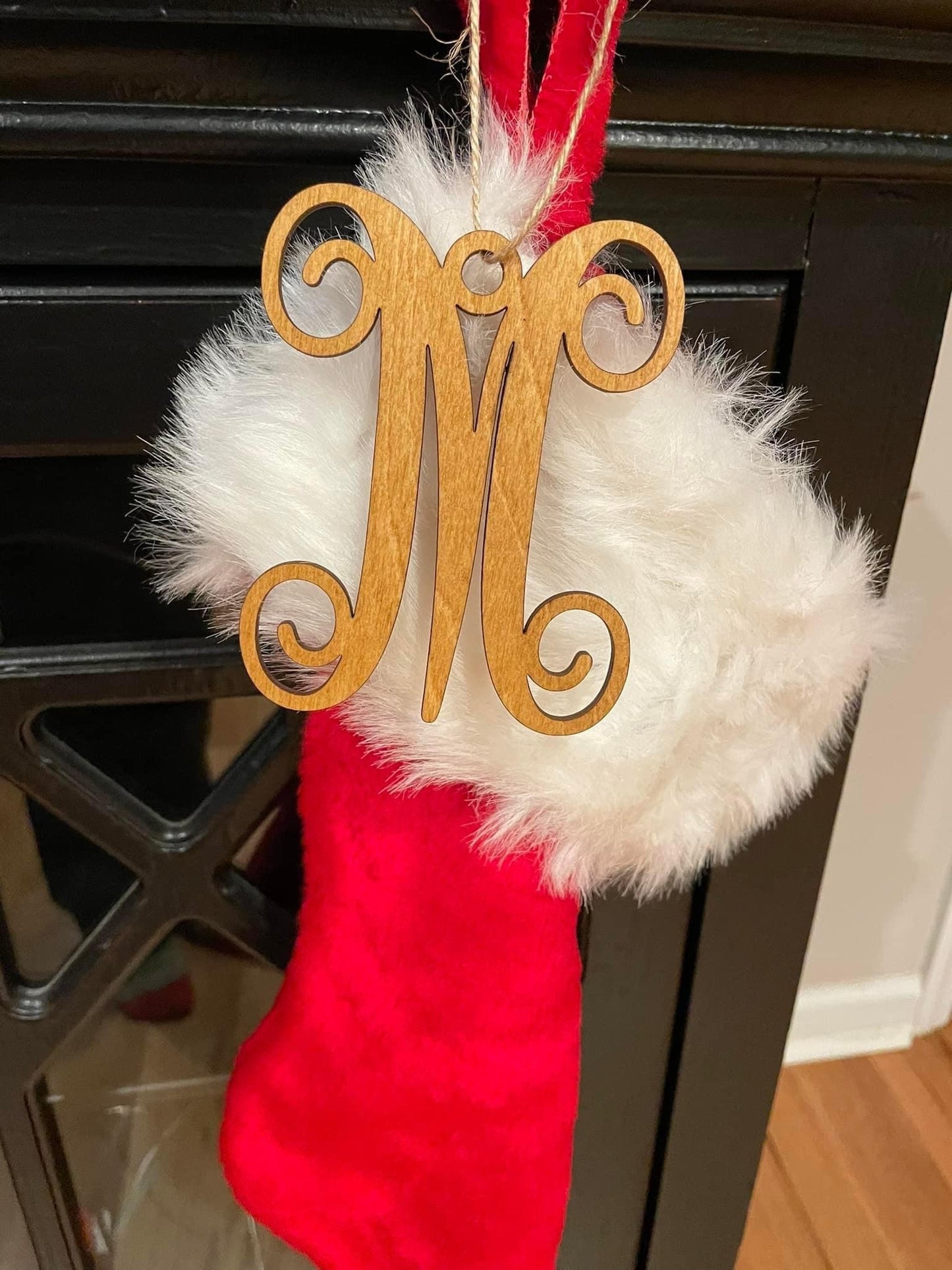 Stocking tag, single letter, monogram letter, rear view mirror letter