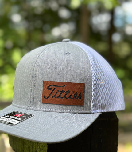 Golf hat, leatherette patch hat, Titties, looks like titleist, funny