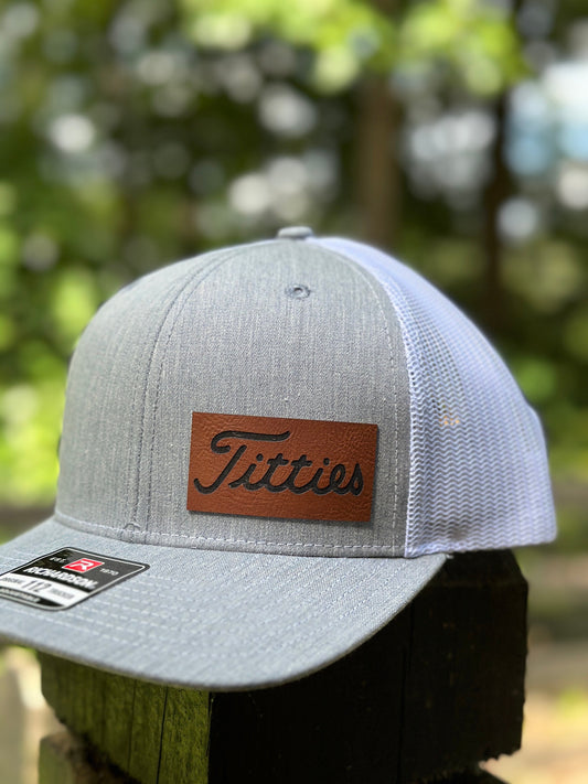 Golf hat, leatherette patch hat, Titties, looks like titleist, funny