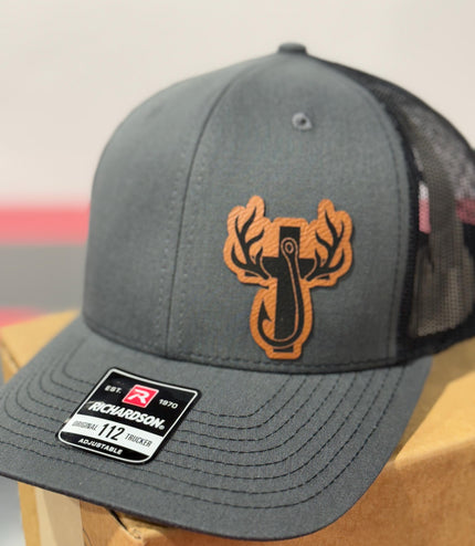 Hunting, fishing, cross, antlers, fishing hook, leatherette patch hat,